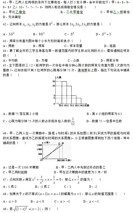 41ס҃ͬӵėl±ِÿ˴5l(f)ӏЭh(hun)(sh)£ף68998ң107779tɿ(j)(wn)rǣ     Aױҷ(wn)                    Bұȼ׷(wn)          C׺һӷ(wn)                Do(w)_ 42֪ӱ ķ ôӱ ķǣ    A            B             C              D  43lʷֱֲDÿ(g)СL(zhng)εeʾ    Al(sh)           Bl            Cӱ             DM 44Ҫ˽ȫгW(xu)ĳһ(sh)ֵ(ni)ČW(xu)ռĴС֪(yng)ӱģ    Aƽ(sh)           B            C(sh)             Dlʷֲ 45Dǳ2ͬW(xu)һwzÿΔ(sh)lʷֱֲDΔ(sh)(sh)֪ԓֻ5λͬW(xu)ÿ75Ո(qng)^ψDָf(shu)e(cu)`ǣ           A(sh)(j)75ڵ2СM                             B4СMlʞ0.1 Cÿ75ε˔(sh)ռԓwz˔(sh)       D(sh)(j)75һλ(sh)              46҃һِУ·scr(sh)gtP(gun)ϵD1ʾ((sh)׵·cr(sh)gP(gun)ϵD̓ҵ·cr(sh)gP(gun)ϵD)С(j)DõĂ(g)Ϣe(cu)`ǣ        A@һ1500ِ          B҃ȵ_(d)Kc(din)    Cͬr(sh)                D@ِеٶȞ5ף 47֪(sh)(sh) M ô ֵ飨    A1-2           B-12         C1           D-2 48P(gun) Ĳʽ Ľ⼯ ô ȡֵǣ    A         B       C         D  49 t   